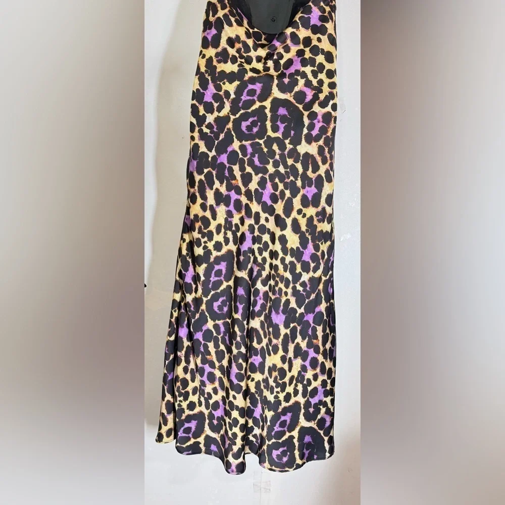 Zara Satin Effect Leopard Purple Slip Spaghetti Strap Midi Dress | Size S